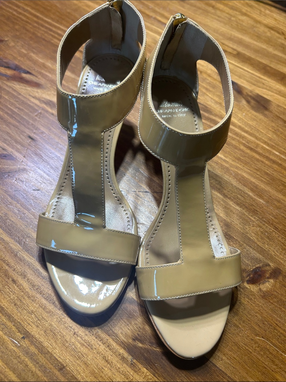 NEW- Moschino Nude Patent Leather T-Strap Heels